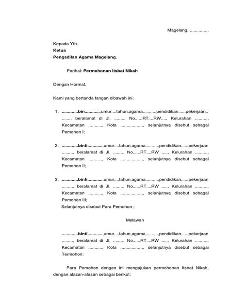 Contoh Surat Permohonan Itsbat Nikah PDF